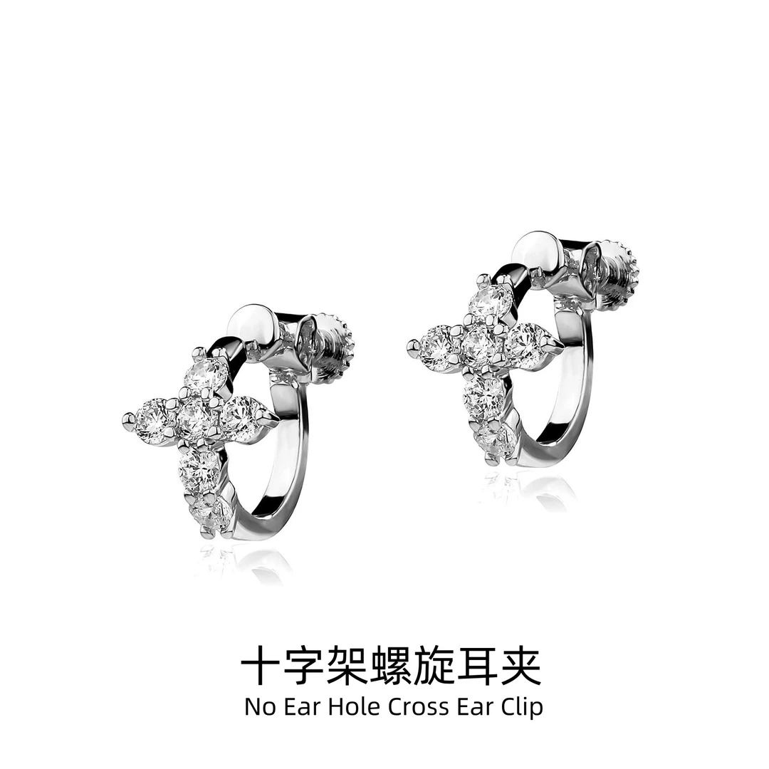 梵亚格 铜合金合成锆石耳饰 十字架螺旋耳夹无耳洞男小众个性耳环