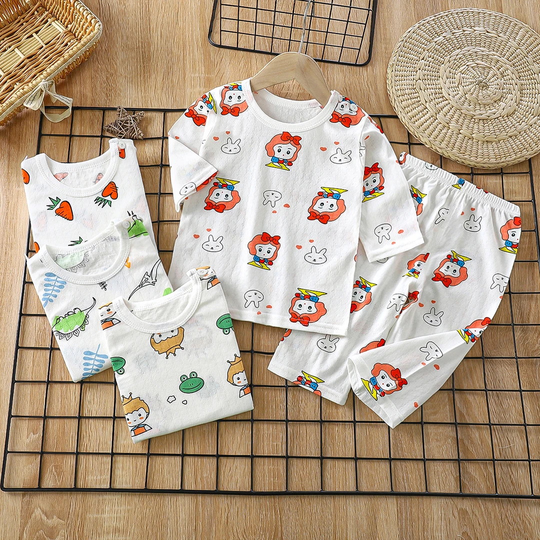 儿童纯棉空调服套装女宝宝睡衣夏季薄款男童家居服七分长袖居家服