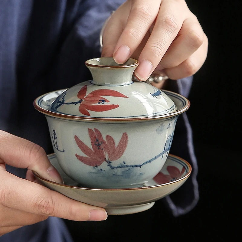 草木灰三才盖碗仿古陶瓷家用泡茶器手绘盖碗功夫茶具单个敬茶碗