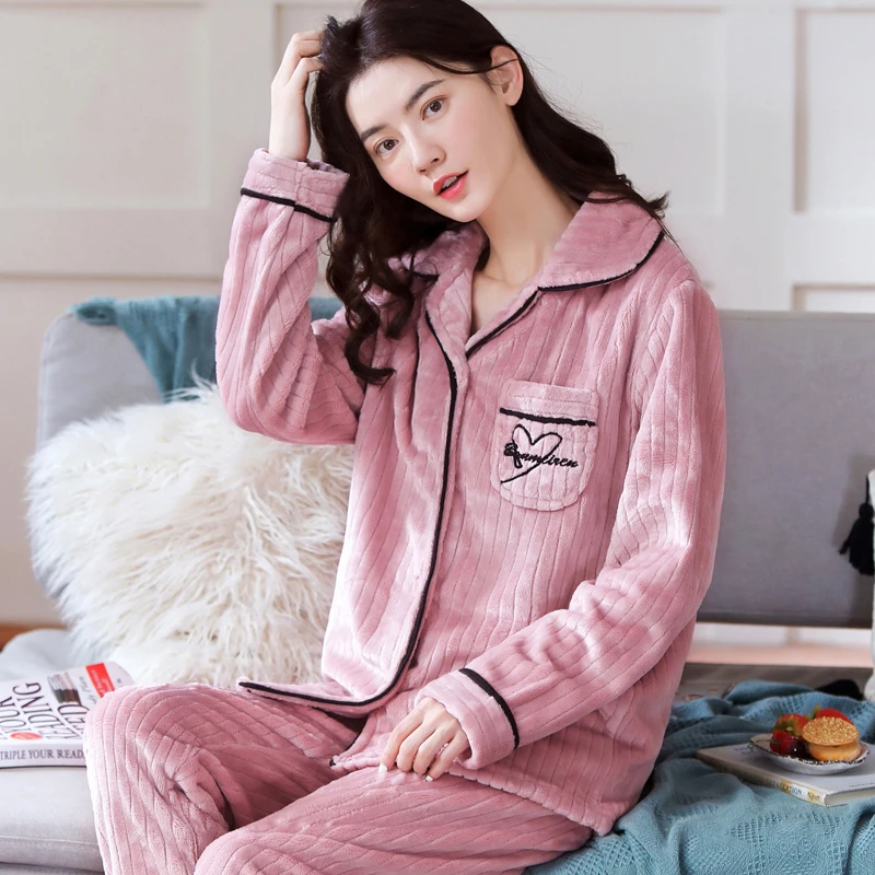 秋冬季珊瑚绒睡衣女加厚加绒长袖保暖冬天法兰绒家居服套装可外穿