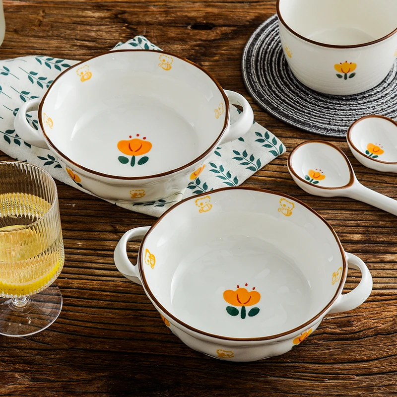 （玫瑰皇后）6英寸双耳碗+长柄勺 陶瓷套装郁金香餐具汤碗面碗