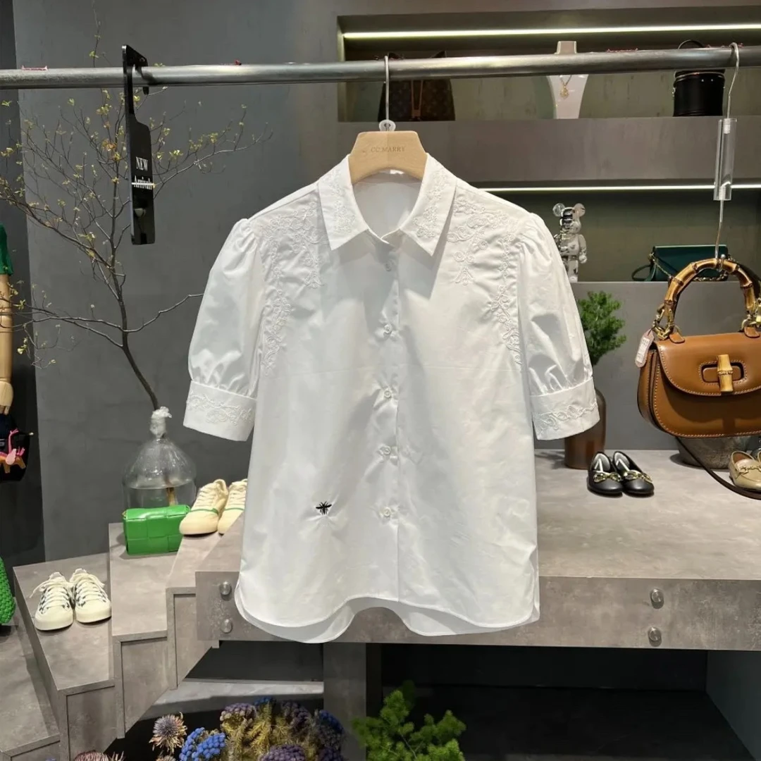 HF88气质印花刺绣短袖衬衣白色时尚休闲百搭夏季设计感西服裤女