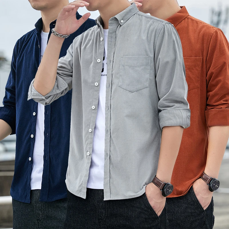 春秋季新款男装纯棉灯芯绒男士长袖衬衫跨境外贸全棉细格纹衬衣男