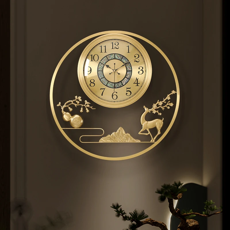 新中式黄铜鹿挂钟客厅装饰圆形钟表古典墙壁挂表轻奢时钟268 269