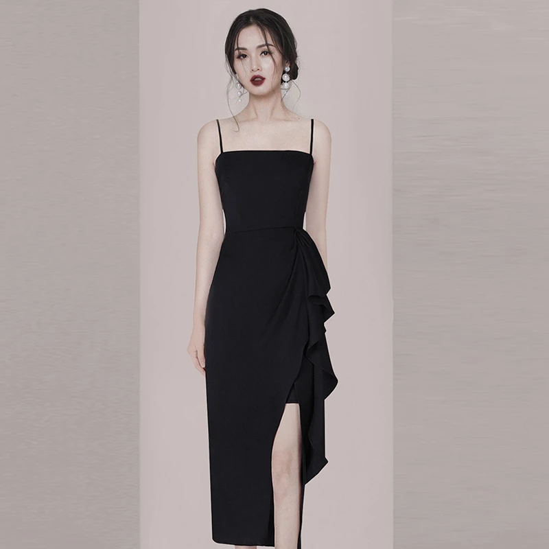 2025夏装新款性感不规则小众设计感黑色吊带连衣裙宴会晚礼服女潮