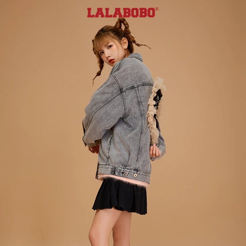 石家庄奥莱LALABOBO拉拉波波网纱桃心拼接牛仔夹克|L21C-WSJW17