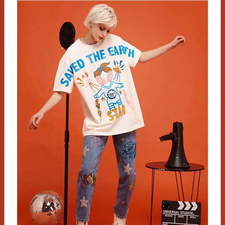 石家庄奥莱（微瑕不退不换）LABO亮片宽松男友风T恤L21A-WSDT37