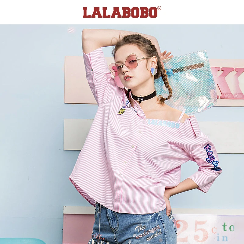 石家庄奥莱LALABOBO夏季潮流条纹七分袖衬衫女|L02A-WNQC11