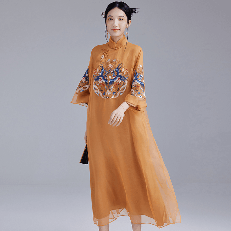 陌遇中国风桑蚕丝欧根纱古风长款日常送考旗袍立领连衣裙M22653