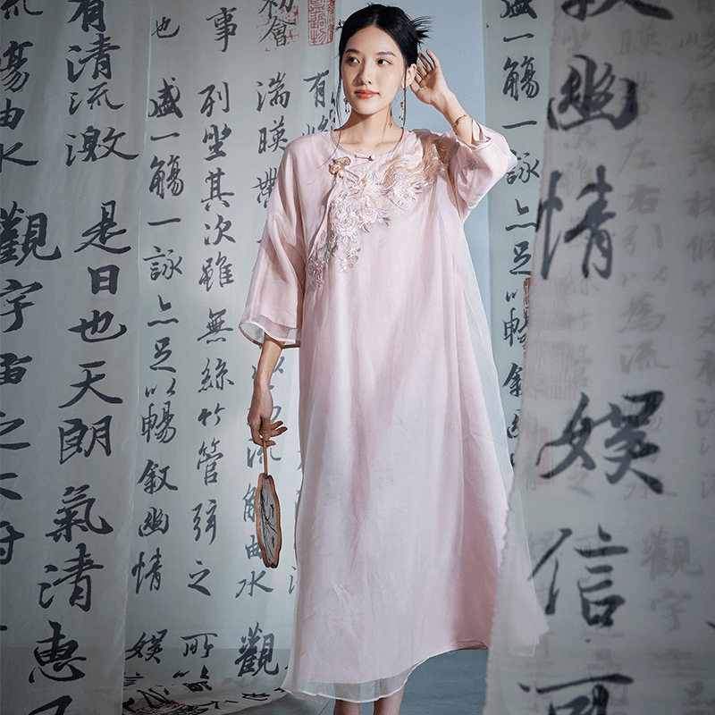 陌遇夏季斜襟日常宽松中长款中国风旗袍复古改良旗袍连衣裙M22593