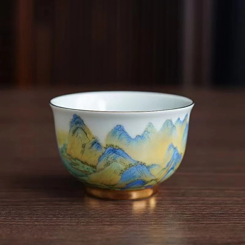 千里江山主人杯陶瓷描金草木灰釉个人品茗杯 高端家用茶杯