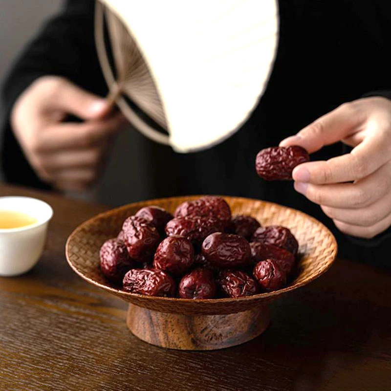 竹编果盘精致中式餐厅点心摆盘禅意复古圆形零食盘高脚茶室茶点盘