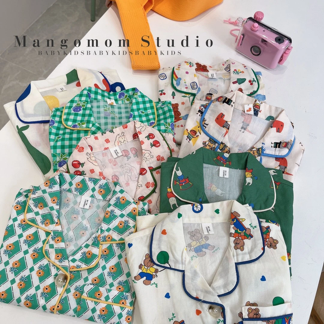 韩国夏儿童短袖长裤睡衣套装男女童卡通家居服宝宝纯棉恐龙空调服