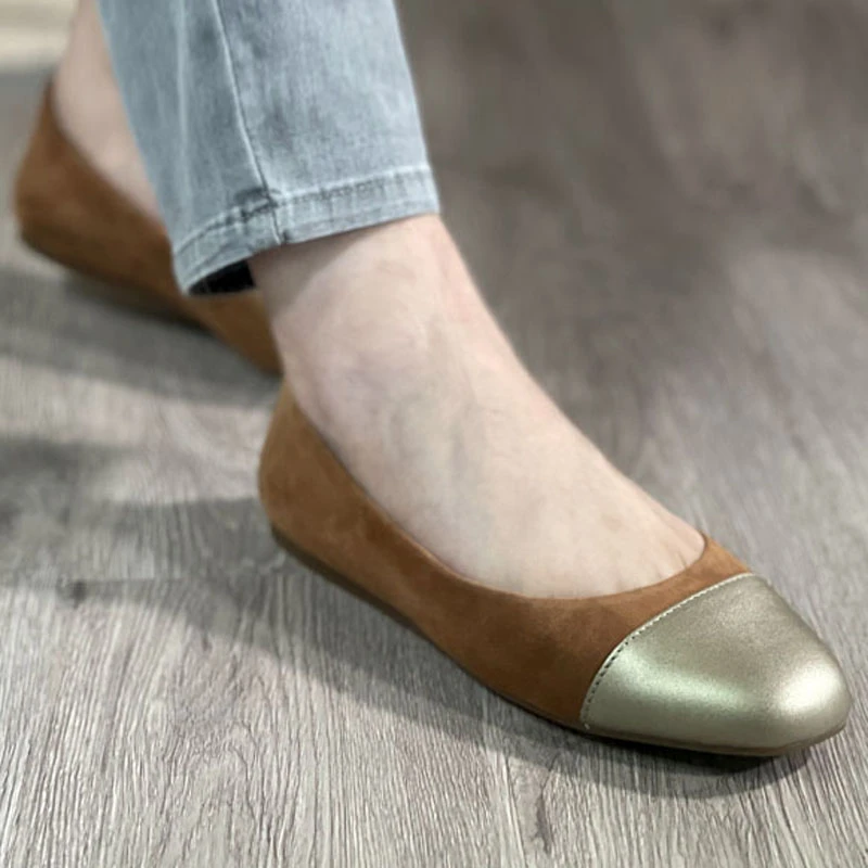 圆头平底鞋休闲浅口防滑复古百搭单鞋牛反绒平底豆豆鞋拼色