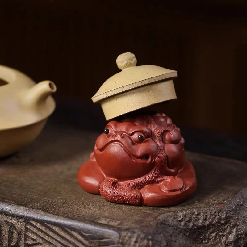 招财金蟾茶宠盖置 大红袍手工制作