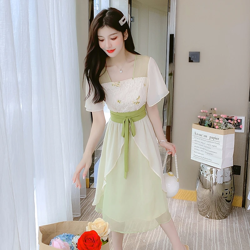 雪纺气质连衣裙155cm小个子女装时尚收腰夏季新款温柔风长款裙子