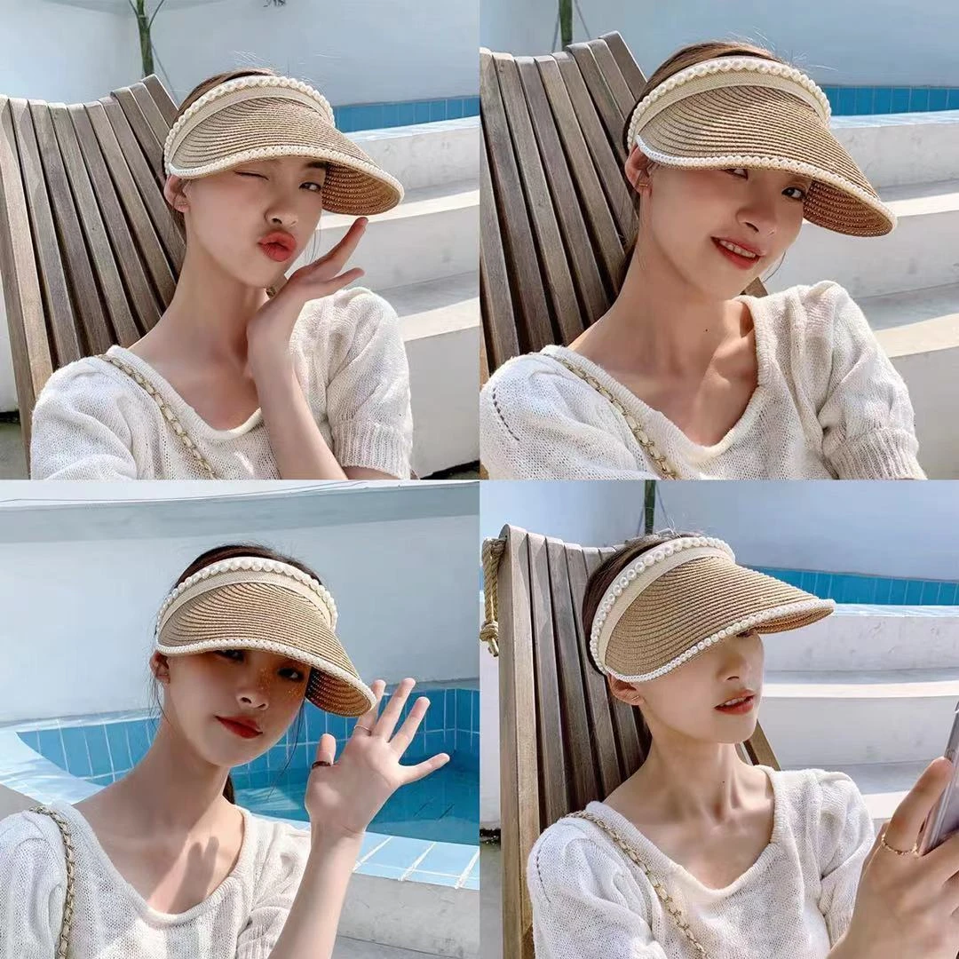 空顶帽大檐草帽子夏季防晒新款柳钉珍珠遮阳帽女防晒紫外线半空顶