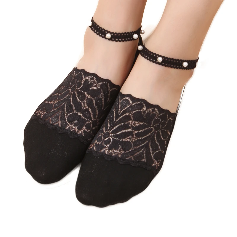 女士深口珍珠船袜纯棉底春夏季薄款百搭蕾丝女船袜不掉跟隐形袜子