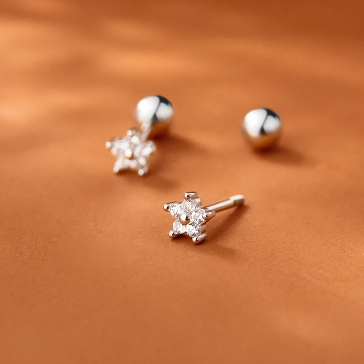 言若银匠 925银耳饰 纯银耳钉女精致镶钻星星百搭免摘耳骨钉ED148