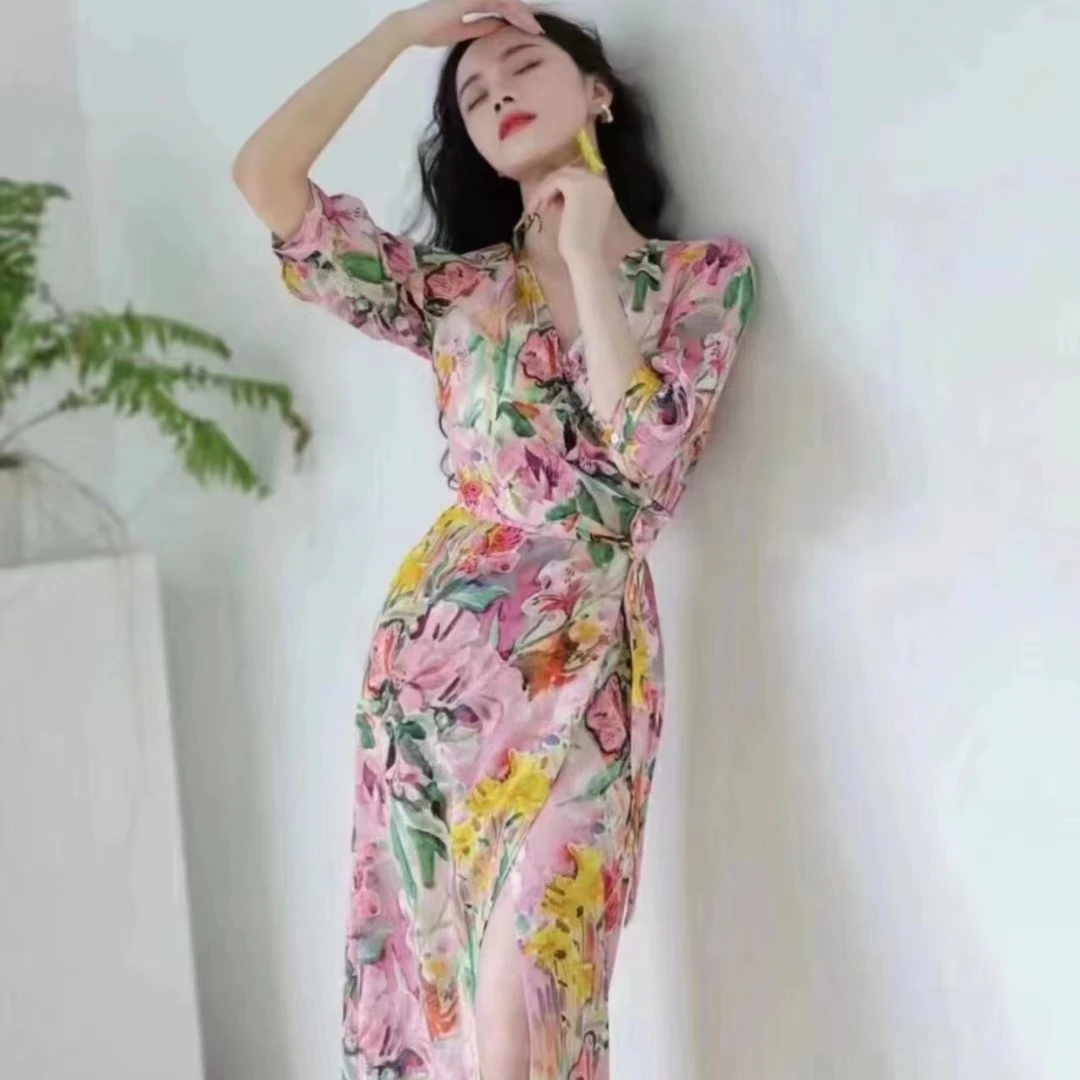【真丝连衣裙】夏季水彩印花V领碎花长款连衣裙长裙收腰气质法式
