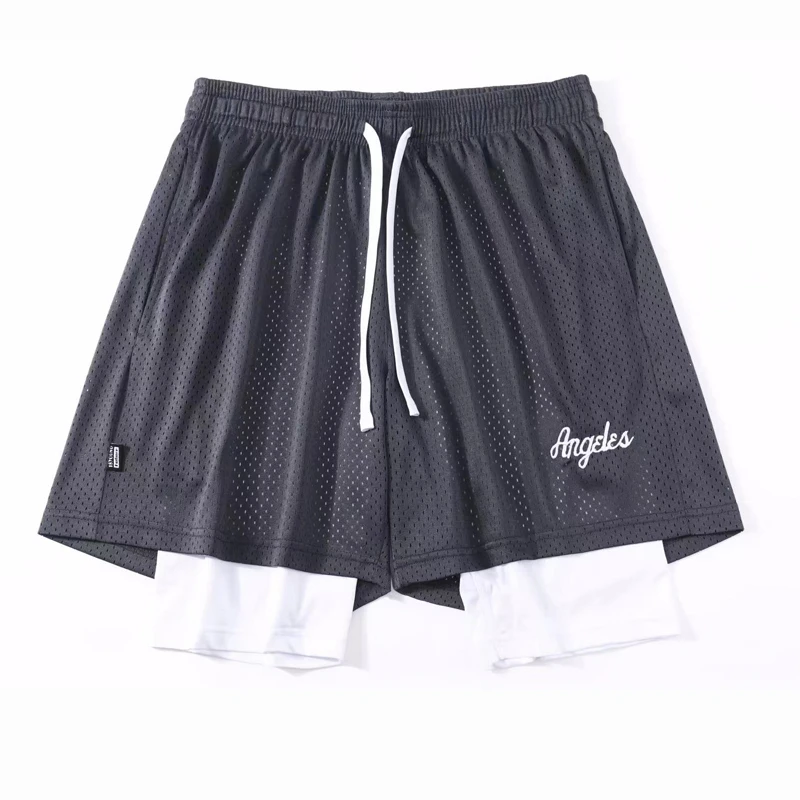夏季美式篮球短裤男假两件网眼透气运动裤跑步健身三四分裤不过膝