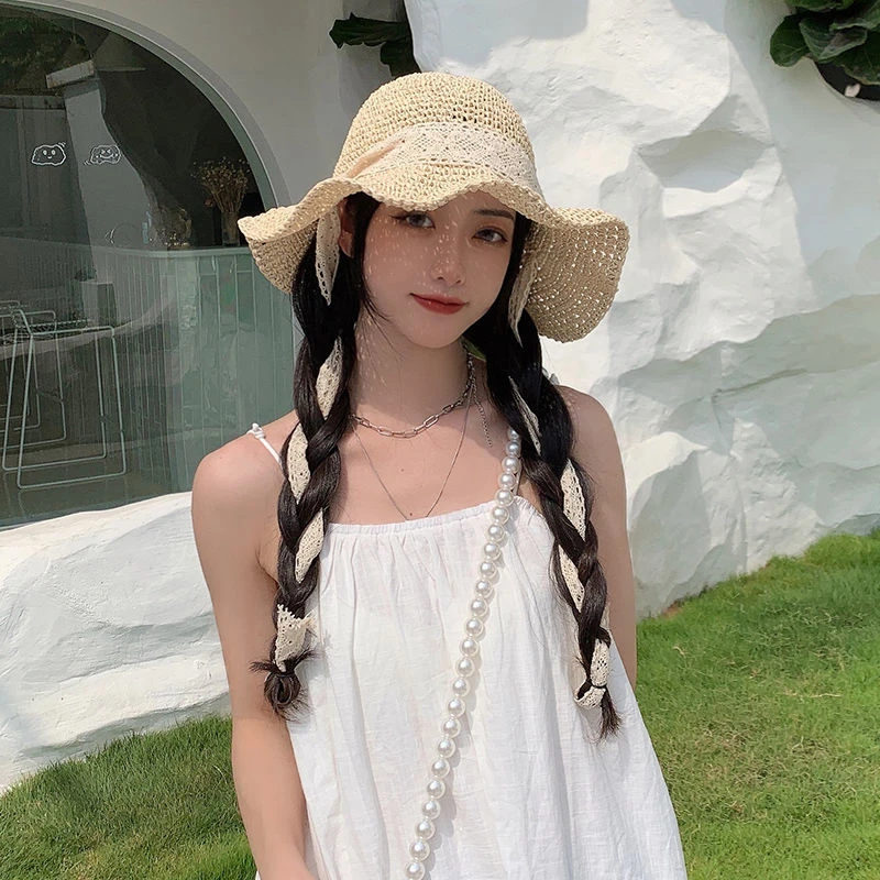 草编帽女韩版百搭夏季日系蕾丝系带大檐太阳帽出游遮阳防晒沙滩帽