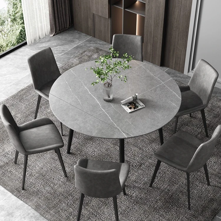 可伸缩岩板餐桌椅意式极简饭桌圆形小户型吃饭桌家用现代轻奢