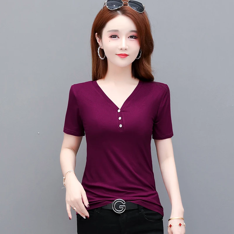 纯色短袖t恤女夏季新款螺纹棉洋气显瘦大码宽松百搭薄款V领T恤衫