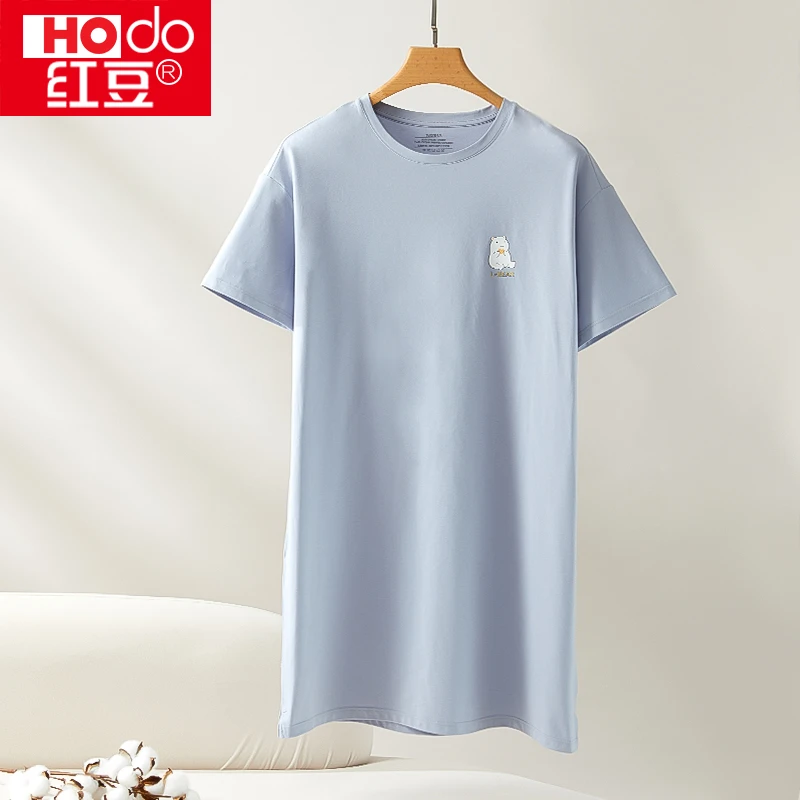 Hodo/红豆情侣夏季薄款宽松短袖休闲印花圆领百搭睡衣长款睡裙
