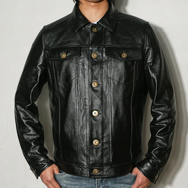 真皮皮衣男士纯头层牛皮夹克修身短款牛仔扣韩版潮流翻领机车外套