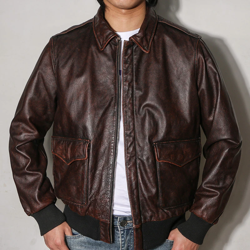 男士真皮驾驶员夹克复古做旧A2飞行服短款翻领皮衣头层纯牛皮外套