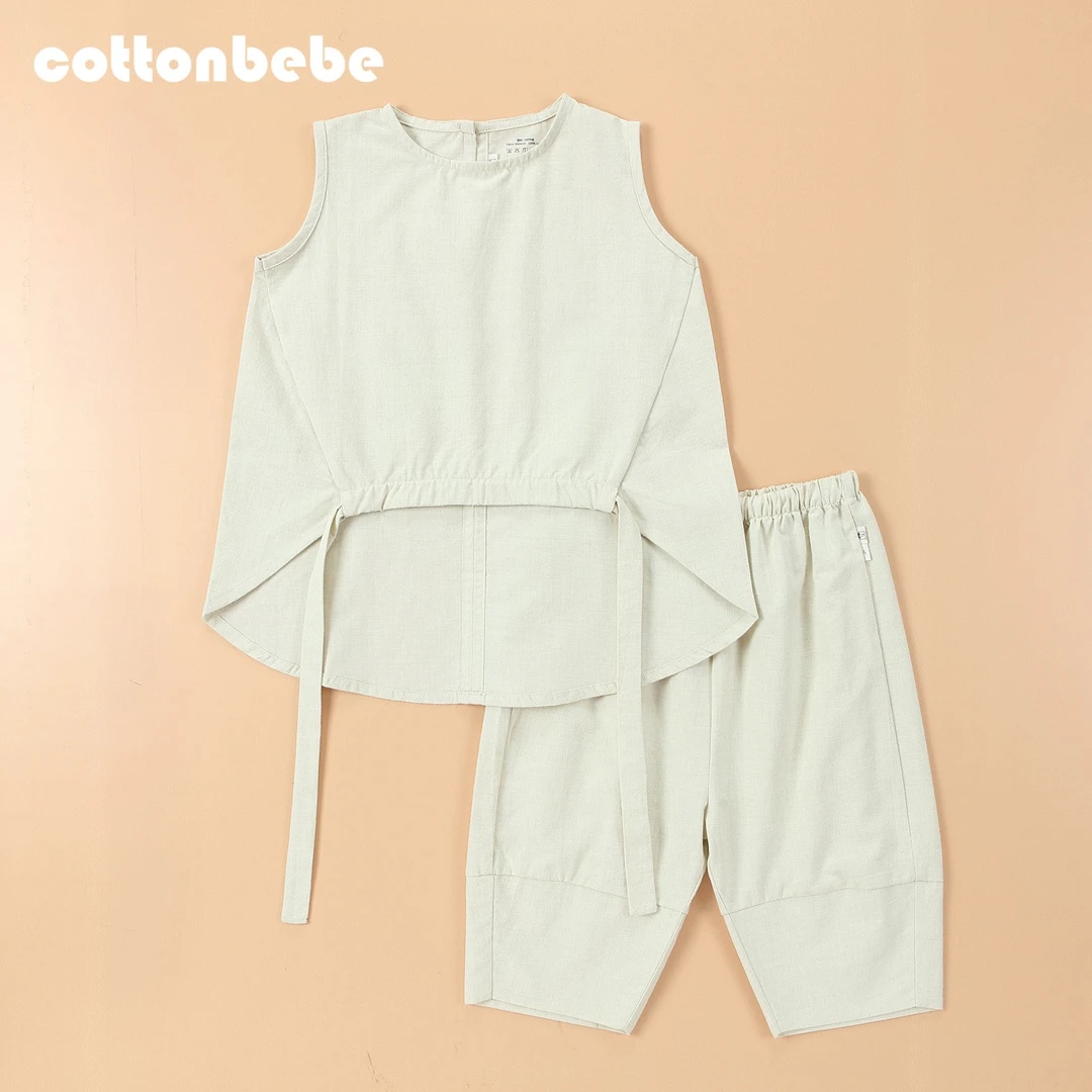COTTONBEBE夏日新款绿彩棉梭织布无袖套装上衣儿童童装纯色夏季
