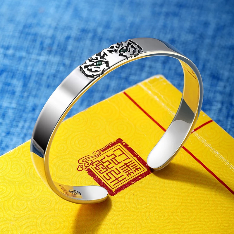 船承 925银手镯 虎头图腾手镯925银男个性创意女款本命年开口简约