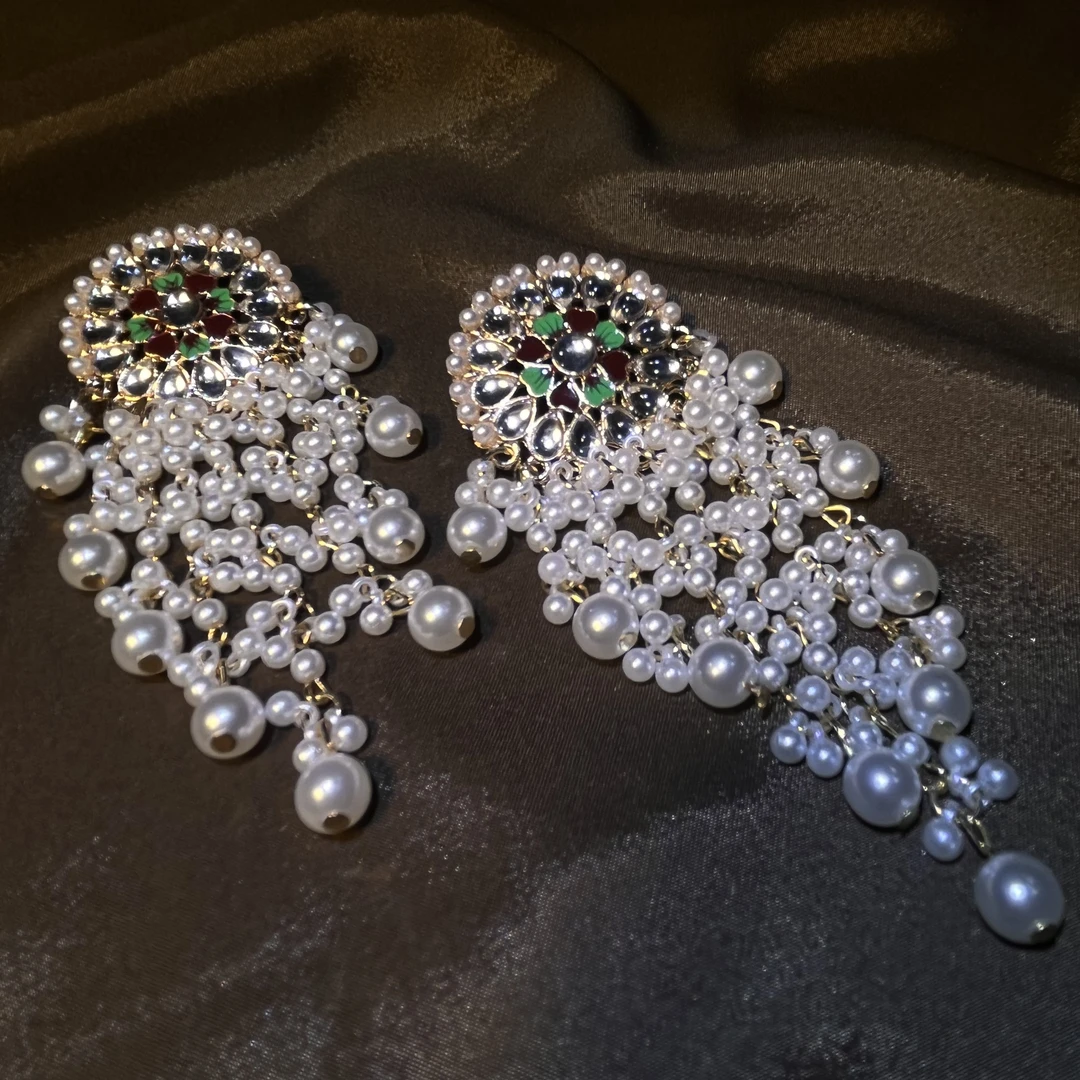 Vintage中古白珠珠流苏扫肩耳钉