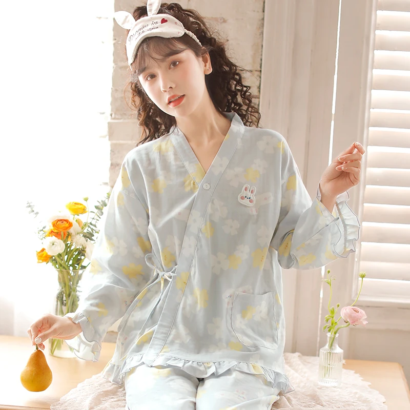『花丛兔』富朵夏季纱布5-10月月子服孕妇哺乳睡衣产妇喂奶家居服