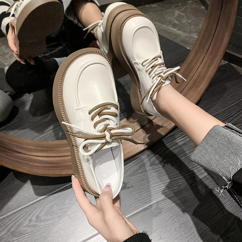 时尚厚底单鞋女2022年早春新款百搭圆头乐福鞋系带英伦风小皮鞋