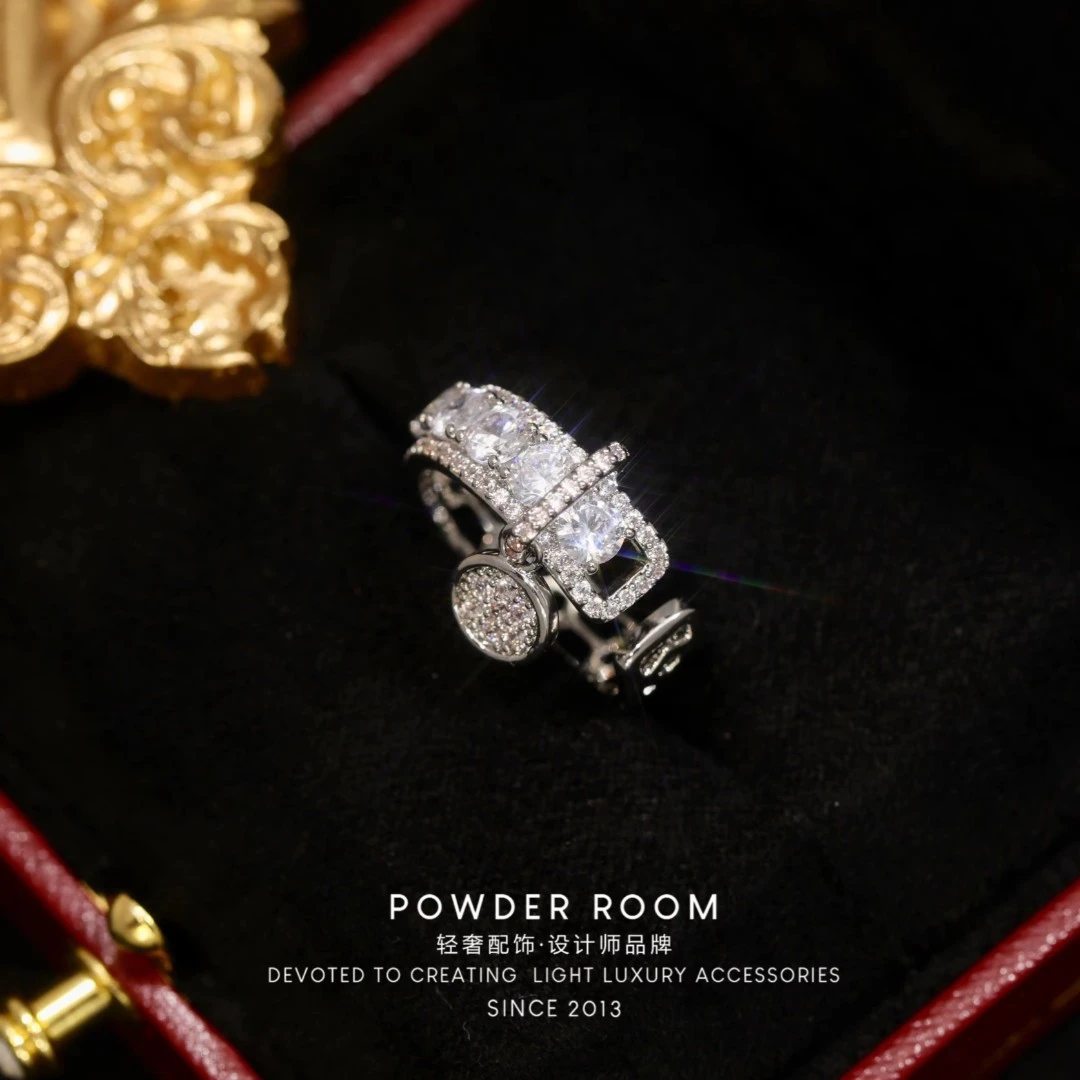 POWDERROOM 铜合金合成锆石戒指 【川川而汐】潮酷简约开口戒精致