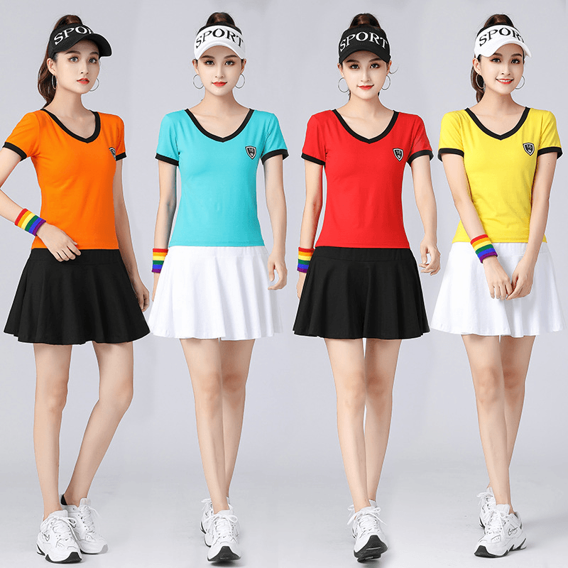 广场舞服装新款套装夏季V领短袖短裙健身运动舞蹈服团队运动表演