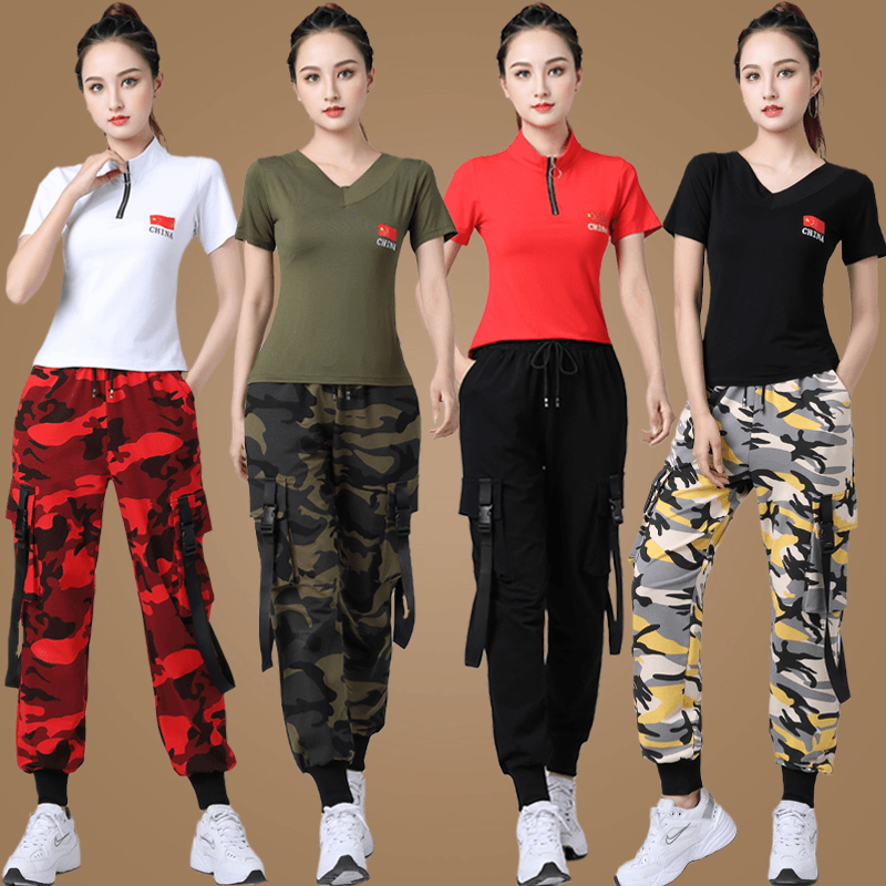 迷彩短袖运动服装春夏季新款套装女水兵健身舞蹈演出服跳曳步舞