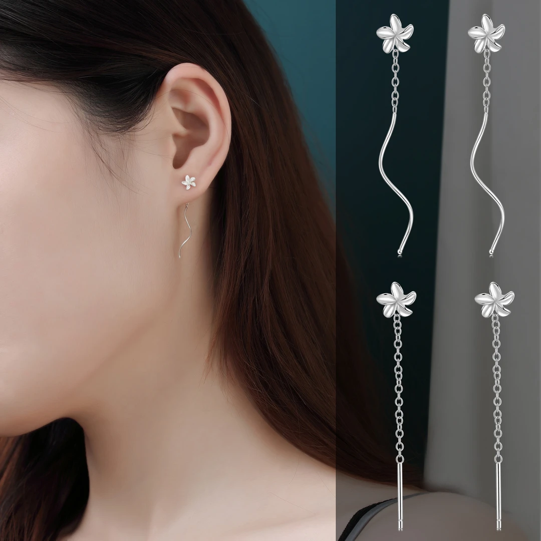 925银耳饰 银耳环鸡蛋花耳线素面花朵波浪耳线简约清新精致银饰品