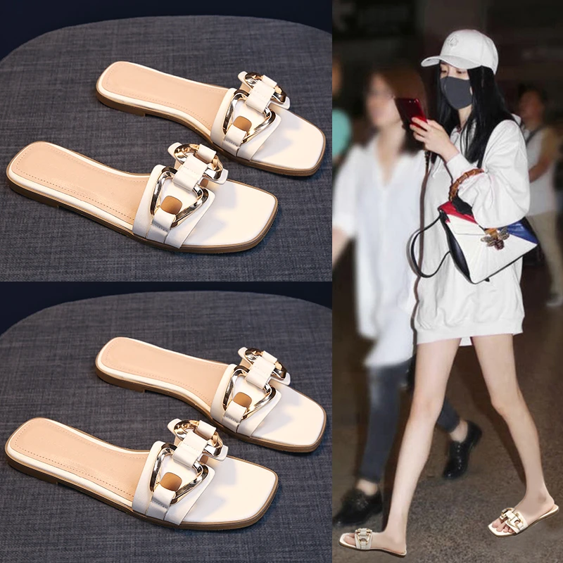 2024年夏季爆款平底拖鞋女外穿一字凉拖平跟孕妇舒适时尚方头女鞋