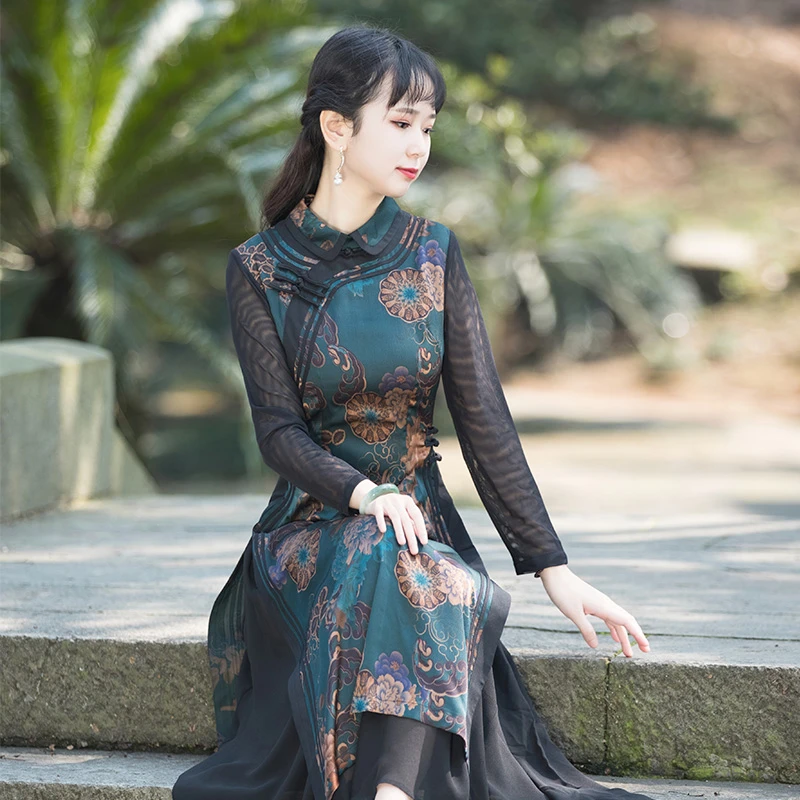 如意风中式女装改良旗袍连衣裙复古日常修身中国风奥黛旗袍R968