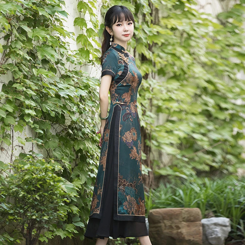 奥黛旗袍中国风连衣裙女夏收腰显瘦短袖长款复古时尚裙子22R033