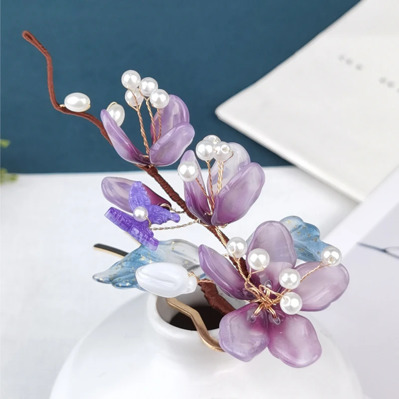锌合金仿珍珠发饰 汉服头饰古风发梳发饰琉璃花朵插梳簪花发簪