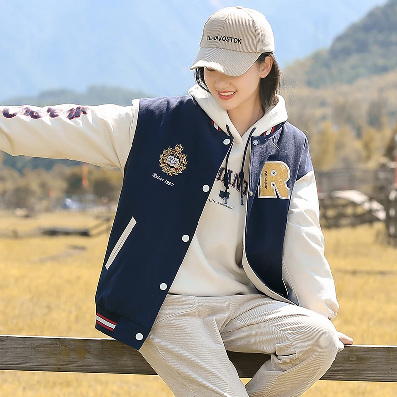 A美式棒球服秋冬外套少女大童秋冬装高中女生初中学生青少女孩