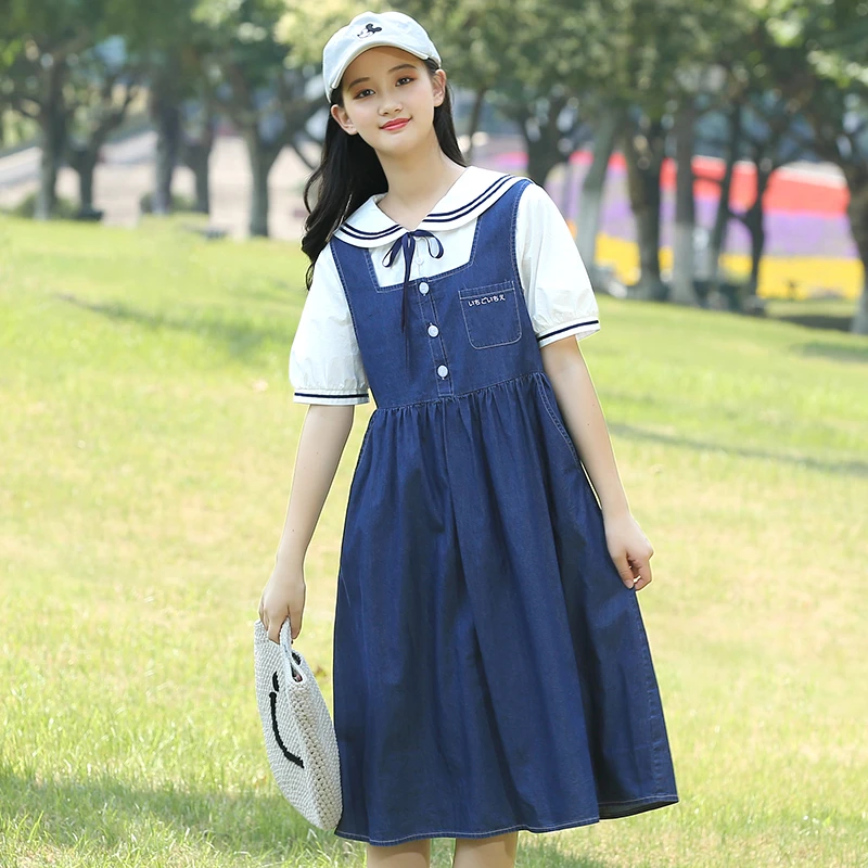 高中学生牛仔背带裙套装少女大童夏季初中女生夏装海军领连衣裙子