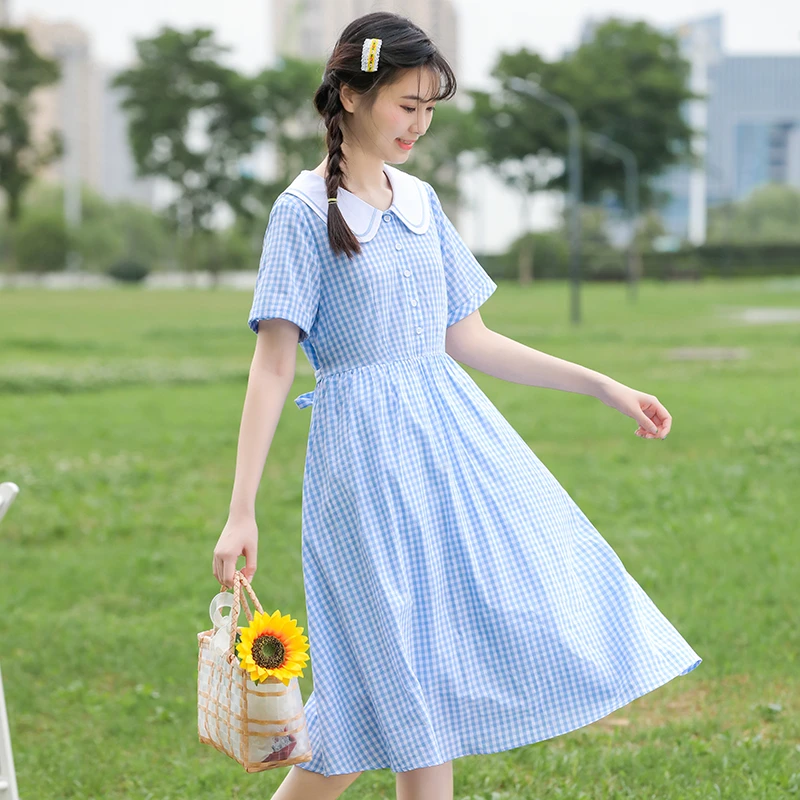 少女连衣裙夏季森系格子娃娃领长裙子高初中学生夏装12岁大童过膝