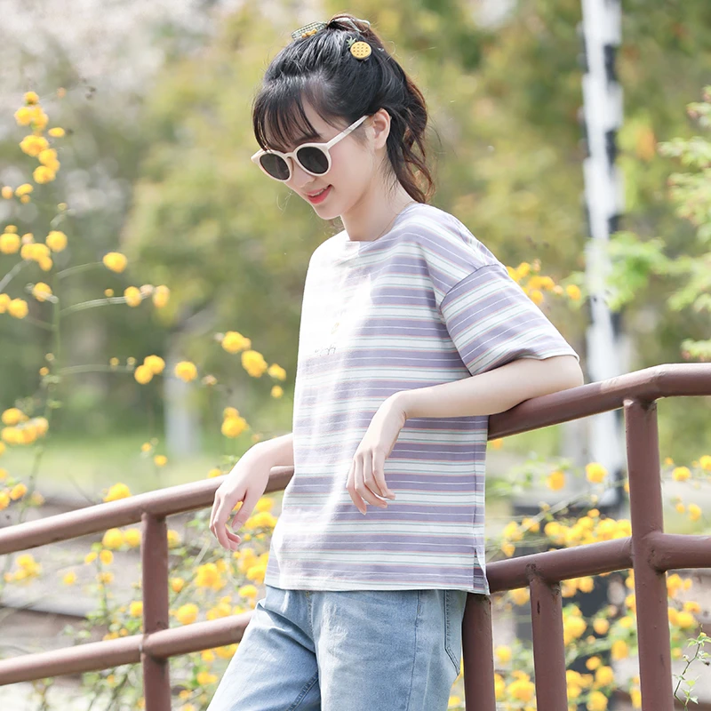 初中生夏季短袖少女学院风条纹小清新夏装高中学生夏天T恤上衣