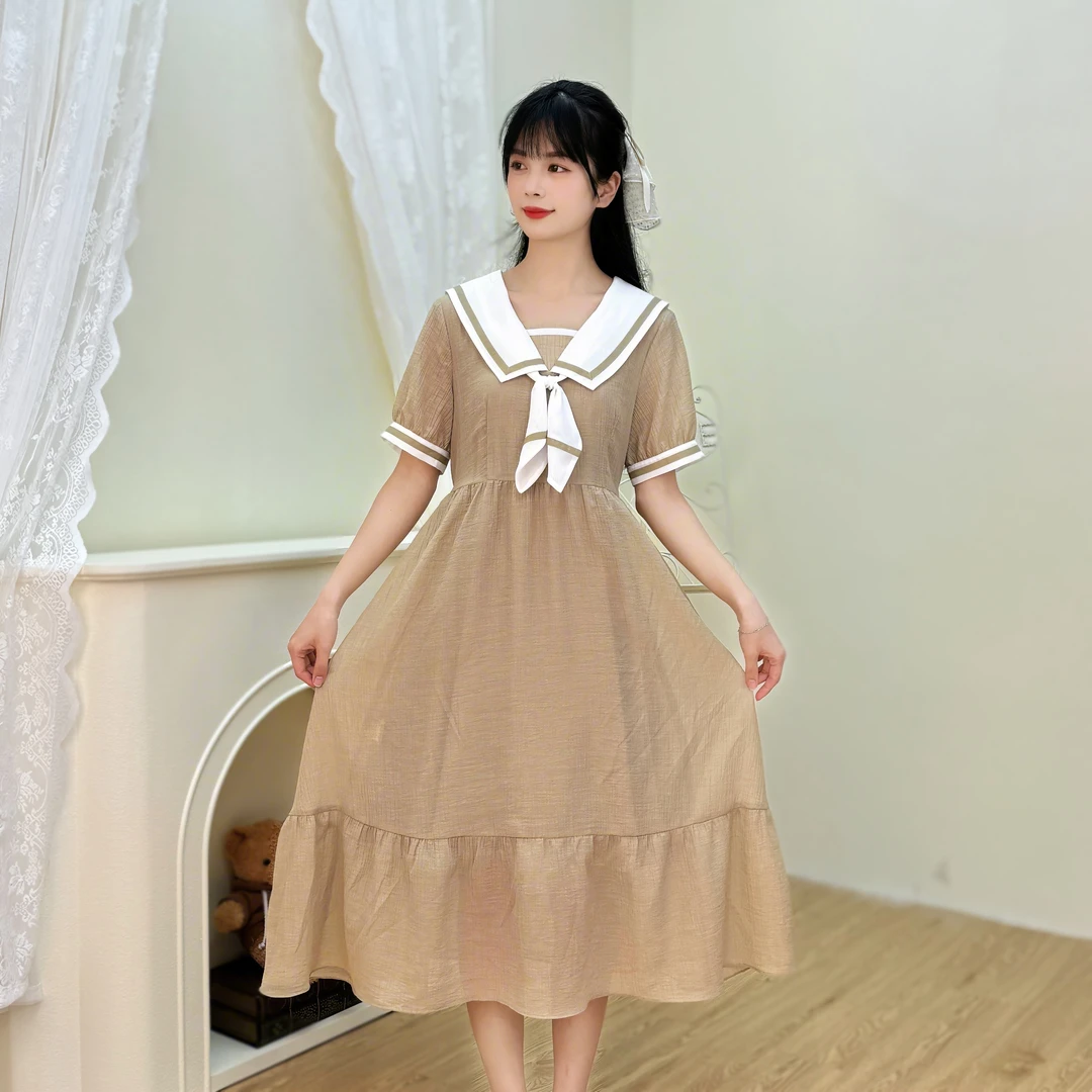 初中生连衣裙学院风JK高中学生夏装长裙过膝宽松显瘦胖MM大童裙子