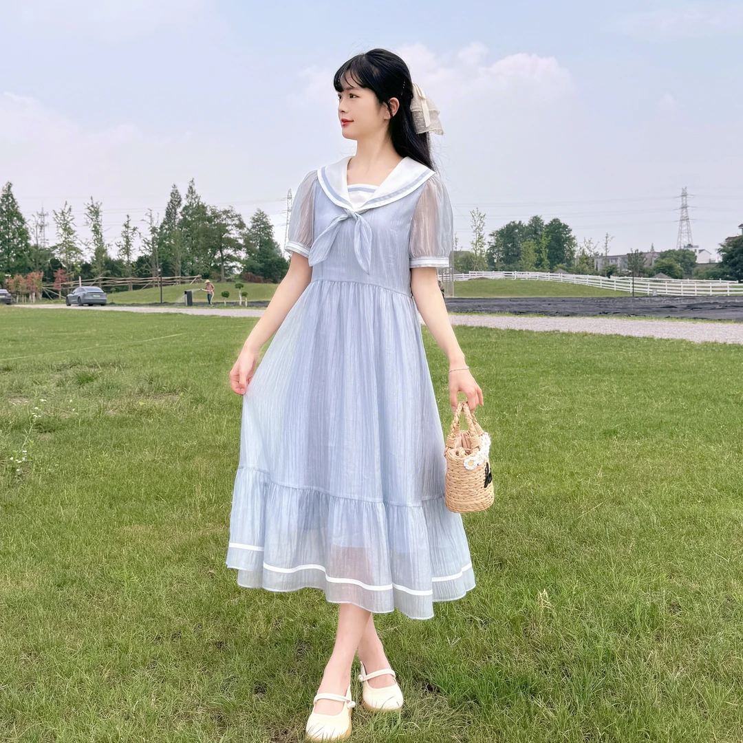 初中生连衣裙学院风海军风小清新夏季高中生夏装大童少女学生显瘦